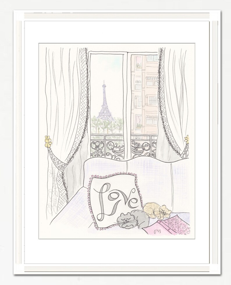 french wall art paris apartment Love cats with eiffel tower view illustration by shell sherree