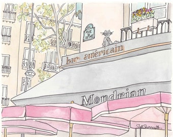 Paris Cafe Print: Bar Americain Watercolor Illustration