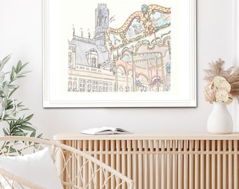 Paris Carousel Illustration Art Print - Hotel de Ville