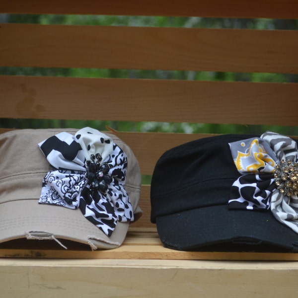 Distressed military inspired cadet hat. Made with hand cut and hand sewn fabrics.