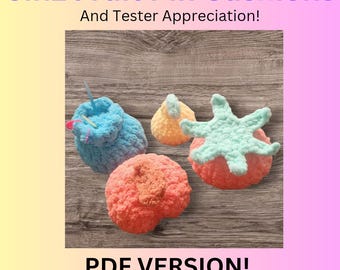 May include: A collection of handmade crochet fruit pin cushions in various colors. The image includes a blue, orange, yellow, and red fruit-shaped cushions. Text at the top reads "6in1 Fruit Pin Cushions" and "And Tester Appreciation!" with "PDF VERSION!" at the bottom.