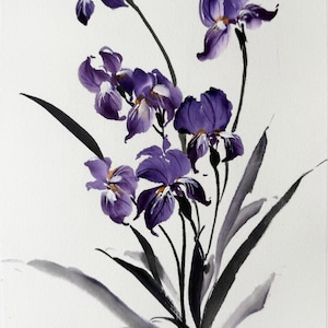May include: Watercolor painting of purple iris flowers with black stems and leaves against a white background. The flowers have white accents in the center. The painting has a red stamp and the artist's signature in black ink.