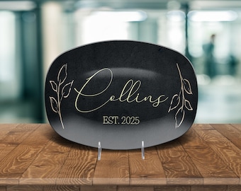 Custom Script Family Name Est 2025 Personalized Platter Wedding Anniversary Bridal Shower Gold Leaf Floral Farmhouse Boho Minimalist Plate