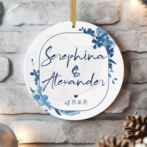 Personalized Delft Blue Wedding Ornament, Double Sided Custom Wedding Keepsake Name & Date, Delft Blue Christmas Ornament Wedding Gift Favor