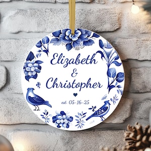 Personalized Delft Blue Wedding Ornament, Double Sided Custom Wedding Keepsake Name & Date, Delft Blue Christmas Ornament Wedding Gift Favor