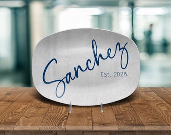 Custom Script Family Name Est 2025 Personalized Platter Wedding Anniversary Bridal Shower Farmhouse Boho Minimalist Distressed Gray Plate