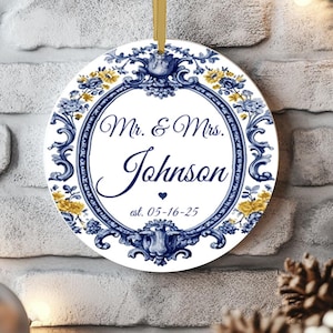 Personalized Delft Blue Wedding Ornament, Double Sided Custom Wedding Keepsake Mr and Ms Name & Date, Christmas Ornament Wedding Anniversary