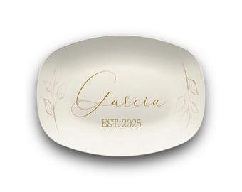 Custom Script Family Name Est 2025 Personalized Platter Wedding Anniversary Bridal Shower Gold Leaf Floral Farmhouse Boho Minimalist Plate