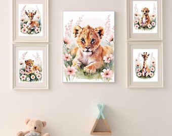 Safari Baby Animal Wall Art Set, Lion Zebra Elephant Meerkat Monkey Giraffe Cheetah Gazelle Babies, Children's Wall Art, Safari Nursery, 3:4