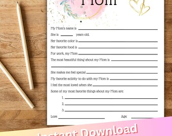 Mother's Day Printable, Birthday Gift, Child Interview for Mom, Keepsake, Kid Questionnaire, Mom Appreciation, Digital Download
