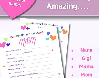 All About My Amazing Fillable Questionnaire, Mother's Day Gift, Grandmother's Gift, Fillable Worksheet for Children, Printable, Downloadable