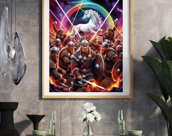 Viking Unicorn Fantasy Battle Wall Art Print, Rainbow Unicorn Crazy Wall Art, Fantasy Print, Surreal Art, Wild Art Print, 3:4 Scale