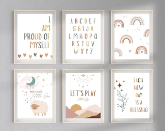 Nursery Art Set of 6 Prints, Boho Nursery Decor, Printable Wall Art, Playroom Decor, Kids Room, Wall Art, Gender Neutral
