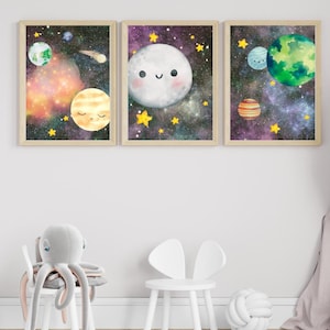 Set of 3 Planet Nursery Wall Art Prints, Space Nursery, Planet Wall Art, Stars and Moon, Planets, Children's Room Art