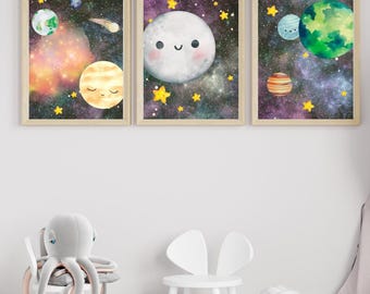 Set of 3 Planet Nursery Wall Art Prints, Space Nursery, Planet Wall Art, Stars and Moon, Planets, Children's Room Art