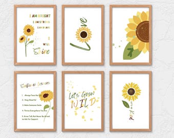 Sunflower Set of 6 Posters, Nursery Sunflower Wall Art, Children's Sunflower Art, Sunflower Posters