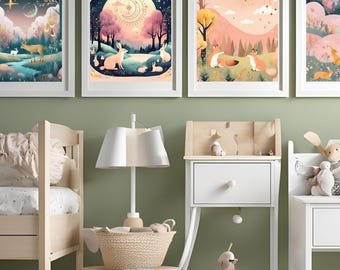 Whimsical Children's 4 Poster Set, Nursery Decor, Boho Wall Decor, Pastel Poster, AI Assist