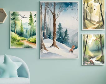 Set of 4 Nature Wall Art Prints, Woodland Animals Wall Art, Wild Nursery, Wild Animals, Fox and Rabbit Art, Forest Wall Art, 3:4 Sized