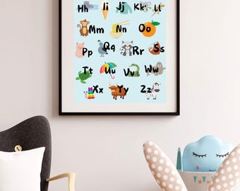 Stylish Alphabet Digital Printable Poster, Educational Letters Wall Hanging, Toddler/Child Learning, Colorful Decor, Gender Neutral, Animals
