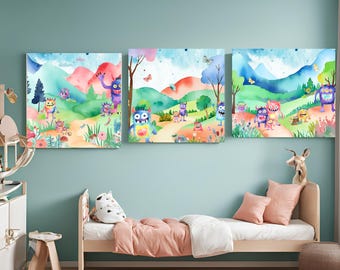 Set of 3 Monster Posters, Bright Child Watercolor Decor, Monster Themed Bedroom Decor, Friendly Monsters, School, Homeschool