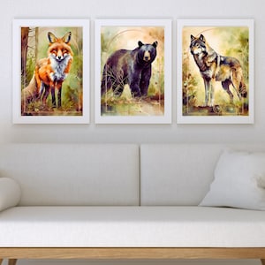 Forest Posters 3 Piece Wall Art Nursery Prints, Forest Nursery Decor Animals Print, Fox Art, Bear Art, Wolf Art, Earth Tone Prints 18x24