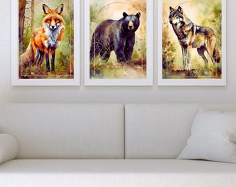 Forest Posters 3 Piece Wall Art Nursery Prints, Forest Nursery Decor Animals Print, Fox Art, Bear Art, Wolf Art, Earth Tone Prints 18x24