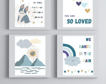 Nursery Art Set of 4 Prints, Boys Nursery Wall Art, Boho Nursery Decor, Printable Wall Art, Kids Room Decor, Playroom Decor, Baby Boy