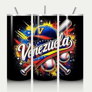 May include: Black tumbler with a baseball design, featuring the word "Venezuela". The design includes a baseball cap, bats, and balls, set against a colourful splash background. The design is vibrant.