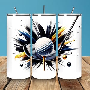 Puede incluir: Vaso aislado blanco con una pelota de golf en un tee, un palo de golf y un toque de azul, negro y amarillo. El diseño es una ilustración digital con una pajita de acero inoxidable.