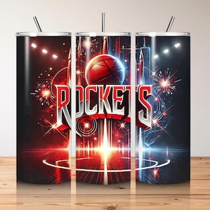 May include: Three stainless steel tumblers with a basketball theme. The tumblers feature a basketball court with a basketball and the word "ROCKETS" in red and white letters. The tumblers are a great way to show your team spirit.