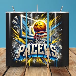 May include: A black and yellow stainless steel tumbler with a basketball going through a hoop and the word "PACERS" in a graffiti style font.