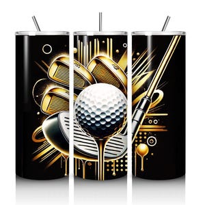 May include: A black tumbler with a golf-themed design. The design features gold golf clubs, a golf ball on a tee, and gold accents against a black background. The tumbler has a silver straw.
