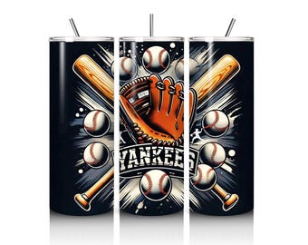 May include: A black tumbler featuring a baseball-themed design. The design includes baseballs, a baseball bat, and a baseball glove. The word "Yankees" is prominently displayed in white. The tumbler has a silver straw.