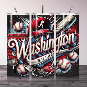 May include: Three stainless steel tumblers with a baseball theme. The tumblers feature a red, white, and blue baseball cap, a baseball bat, and a baseball with the word "Washington Baseball" in a stylized font.