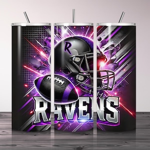 May include: A black and purple stainless steel tumbler with a football helmet and football design. The tumbler has the word "RAVENS" printed on it.