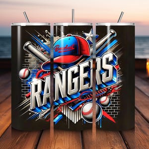 May include: Three black stainless steel tumblers with a baseball-themed design. The design features a baseball cap, baseball bats, and the word "Rangers" in a bold, stylized font. The design incorporates red, white, and blue colours.