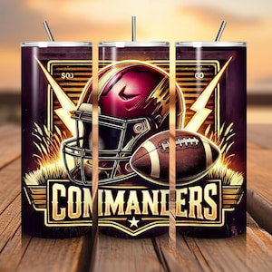 May include: A stainless steel tumbler with a design featuring a football helmet, a football, and the words "Commanders". The background is a dark purple with gold accents.