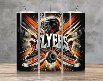 May include: A black tumbler with a hockey-themed design. The design features a hockey helmet, skates, and the word "FLYERS" in bold letters, with orange and silver accents. The tumbler has a silver straw.