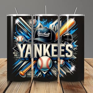 May include: Black tumbler featuring a baseball theme with the text "Yankees". The design includes baseballs, a baseball bat, a baseball cap, and a helmet. The design has blue and white accents.