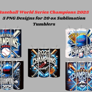 Puede incluir: Cinco diseños de vasos de béisbol. Cada vaso presenta un diseño de "Campeones de la Serie Mundial 2025" con bates de béisbol, pelotas y logotipos de equipos. Los diseños son en azul, blanco y negro.