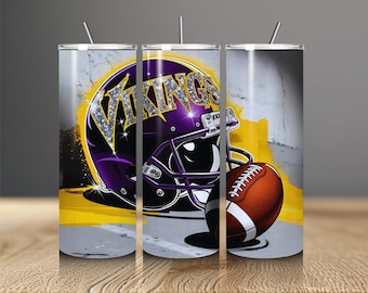 May include: Three stainless steel tumblers with a purple and gold Minnesota Vikings logo and a football. The tumblers have a white and gray background with a yellow stripe.