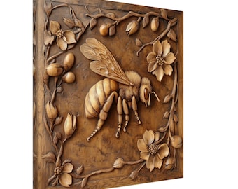 Buzzing Honeybee, Wood Carving Designs of a Bee and Blossoms, Woodcarving Art Print Canvas
