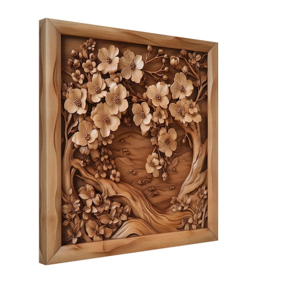 果樹園の花、花が咲く木々の木彫りデザイン、木彫りアートプリント
