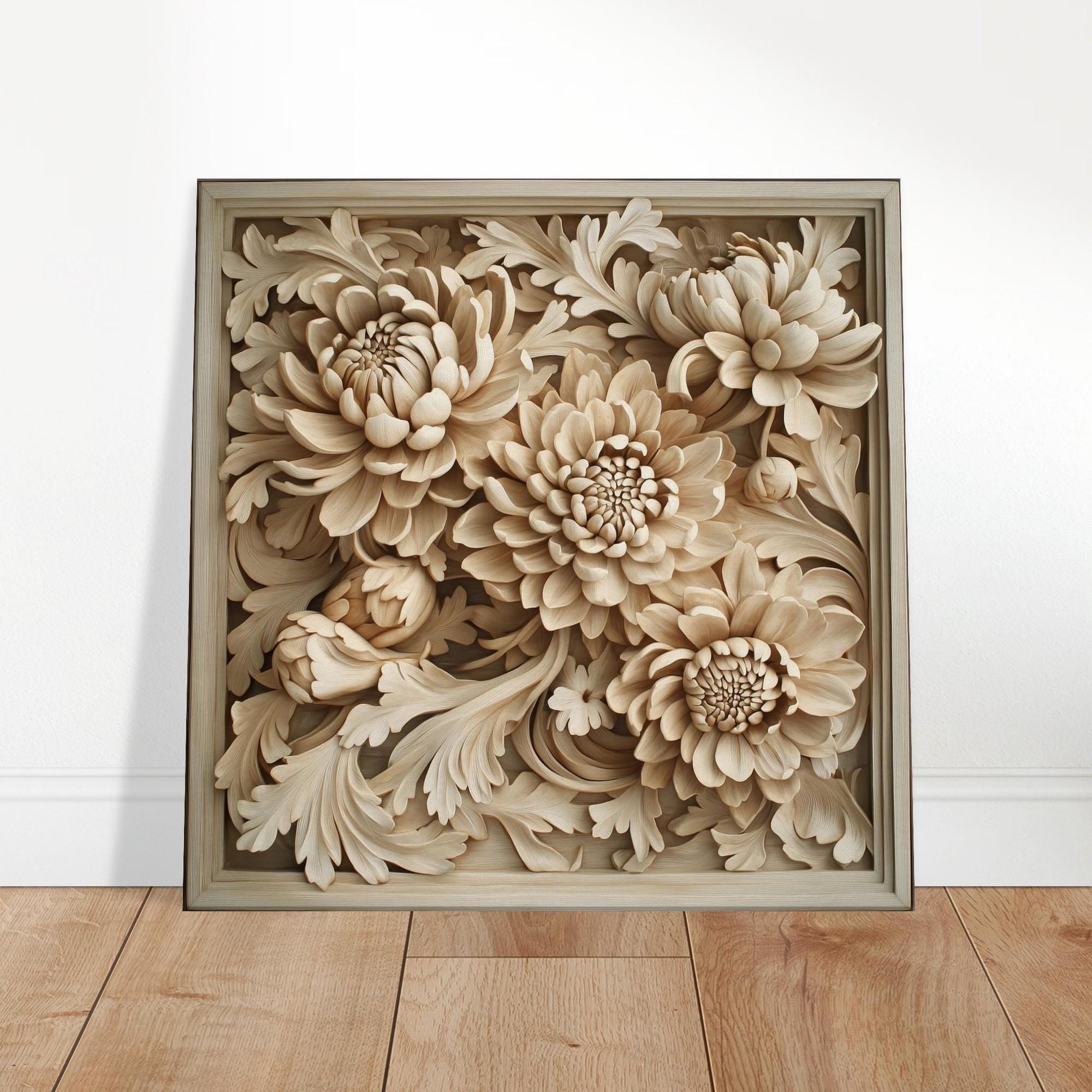 Pale Chrysanthemums, Wood Carving Designs of Soft Floral Blooms
