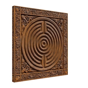 May include: A square, wooden wall art piece featuring a carved labyrinth design. The artwork is a warm brown colour, with a circular labyrinth at the centre and ornate floral and scrollwork around the edges.