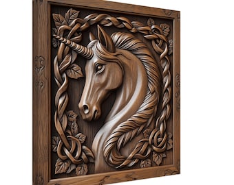 Mystic Unicorn, Wood Carving Designs of a Mythical Creature, Woodcarving Art Print Canvas