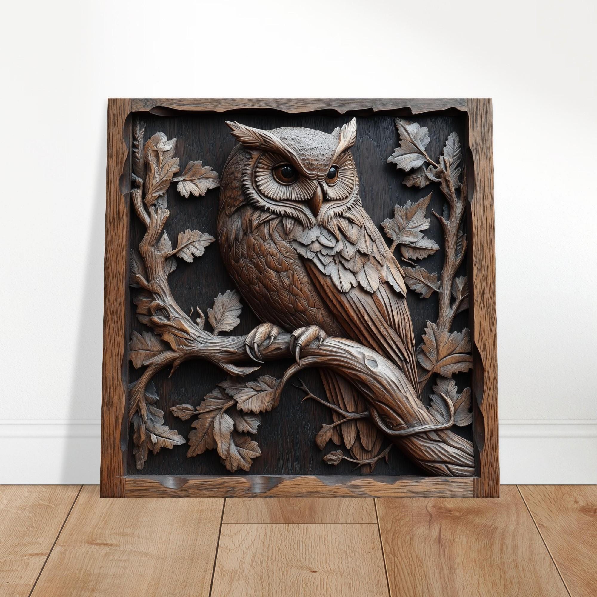 Keen Observer Perched, Wood Carving Designs of a Wise Owl