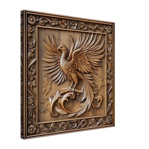 Phoenix Unfurled, Wood Carving Designs of a Mythical Bird, Woodcarving Art Print Canvas