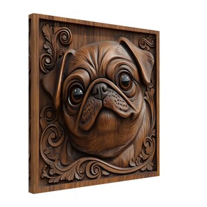 May include: A wooden wall sculpture of a pug dog's face, carved in detail with a brown wood finish. The sculpture is framed with a decorative carved border.