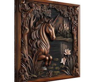 Enchanted Unicorn, Wood Carving Design of a Mythical Creature, Woodcarving Art Print Canvas